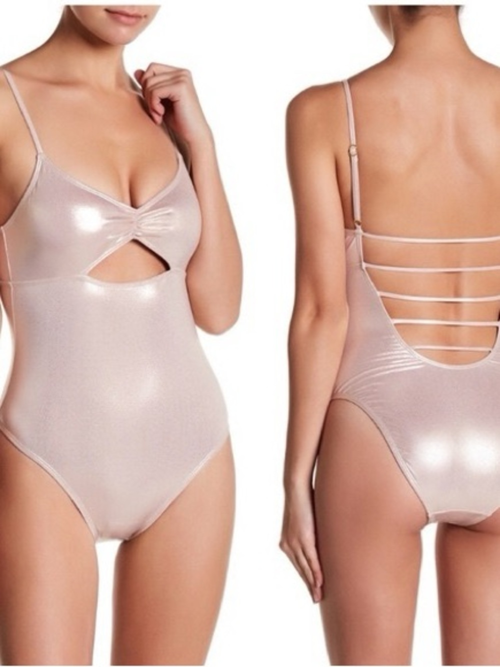 Like new, bikini lab pink rose metallic one piece cutout Bandeau style top Sm